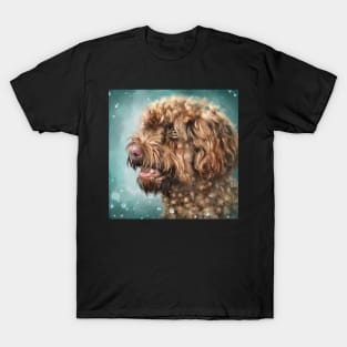 Painting of a Cute Curly Rottle Dog, Brown fur, Dark Green Background T-Shirt